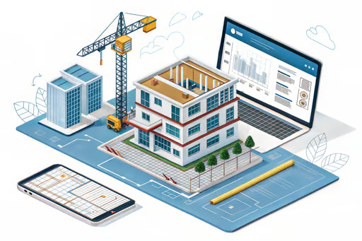 Construction blueprint visualization with building and digital tools