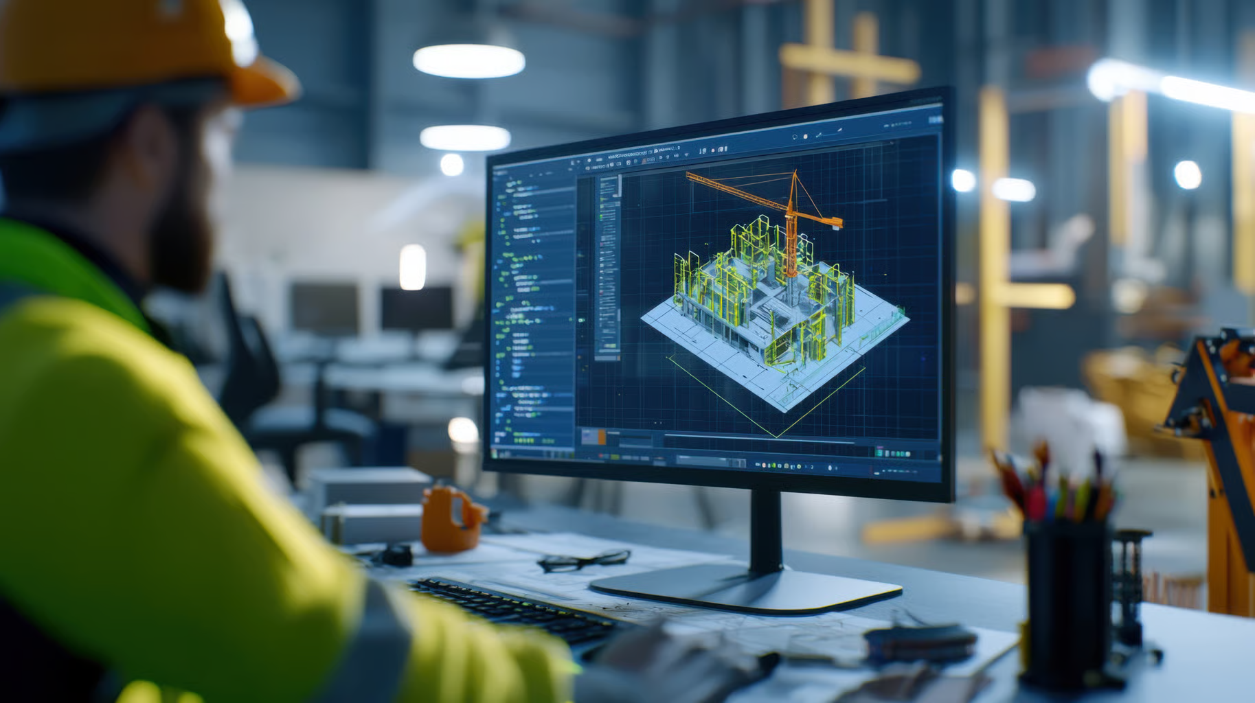 Construction engineer viewing 3D building model on computer screen in modern office
